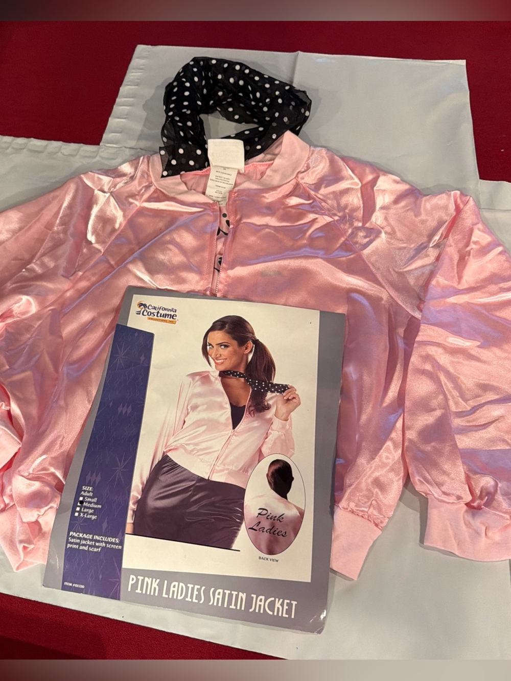 Pink Ladies Satin Grease Jacket Scarf Set 1950s Sandy Zip Up Women’s Size Medium